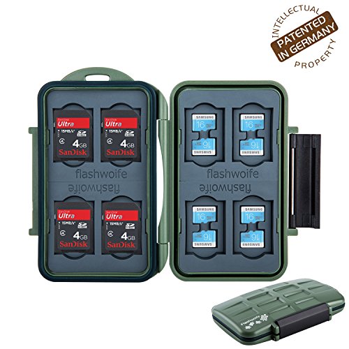 Flashwoife - patentierte Aufnahme - Turtle-SD8MSD16G - Survival Edition - wasserdichte Speicherkarten Schutzbox für 8 Stück SDHC und 16 Stück MicroSD Cards Case in Olivgrün