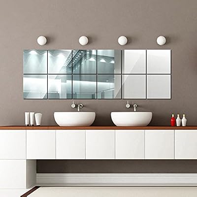 Kangxinsheng 16pcs Carrés Miroir Sticker Muraux ,Art Design Amovible Reutilisable pour DIY Autocollant,Décoré Salon Chambre Salle de Bains