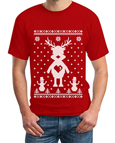 Rentier im Schnee mit Schneemännern Weihnachten T-Shirt XXXX-Large Rot Rentier im Schnee mit Schneemännern Weihnachten T-Shirt XXXX-Large Rot