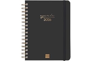 Finocam - Agenda Espiral 2026 1 Día Página | Enero - Diciembre (12 meses) | Agenda Anual 2026 con goma elástica | Espiral Doble Tapa Dura Alma - Negro - Español