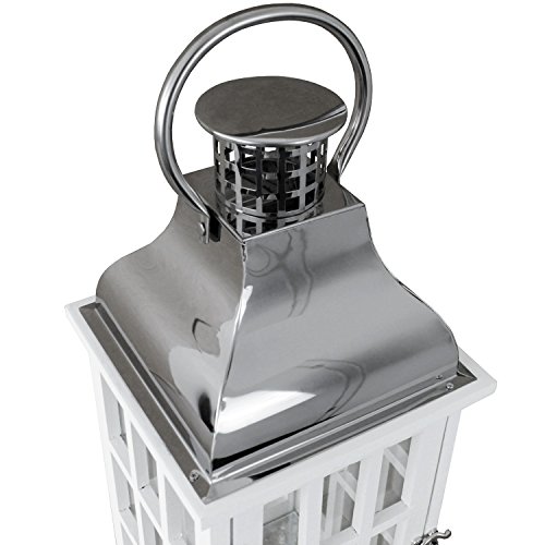 Dekorative Laterne 20x20xH47cm mit Henkel Windlicht Gartenlaterne Holzlaterne Kerzenhalter Gartenbeleuchtung Dekoration – Weiß/Silber - 6