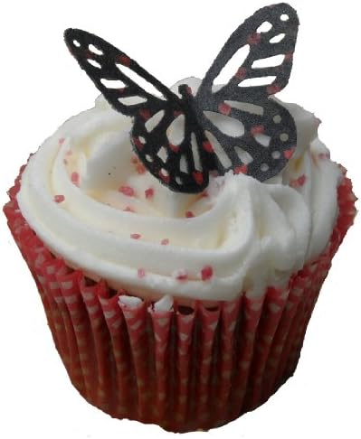 (M) Black and Red MINI Hearts Design Edible Rice Paper Monarch Butterfly Cup Cake Wedding Cake Decoration x 12