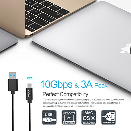 Beatit USB Type C Cable–Lifetime Guarantee–Nylon Braided USB C Cable Quick Charge and Data Sync 3.0A Current Full Speed USB C To USB 3.0 With Reversible Connector for New Macbook pro , Nexus 6P/5X, One Plus 2/3, Nokia N1, Google ChromeBook Pixel,Huawei p9 Mate 9 pro (6.6ft Black) - 6