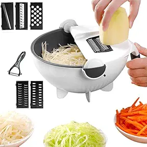 VGMALL Plastic Portable 9 in 1 Multifunctional Vegetables Chopper Julienne Shredder Grater with Drain Basket (Large, Multicolour)