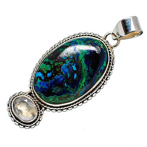 Ana Silver Co Malachite In Chrysocolla, Rainbow Moonstone Pendant 2" (925 Sterling Silver)