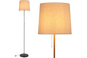BAKAJI Lampada Piantana da Terra Luce Lampadina E27 Max 60W Base Rotonda Struttura in Metallo e Legno Paralume in Tessuto Design Moderno Accensione a Catena Altezza 170 cm (Nero)