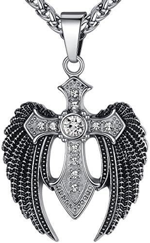 Aoiy Men's Stainless Steel Large Angel Wing Cross with Cubic Zirconia Pendant Necklace, 61cm Link Chain, ddp046