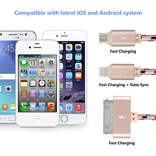 EliteSoft Ladekabel Micro-USB High Speed 4.9ft 3 in 1. Apple iPhone 6 5 4 und Android Smartphones Tablets, Lightning mit Datenübertragung Aluminium 2 Kabel - 5
