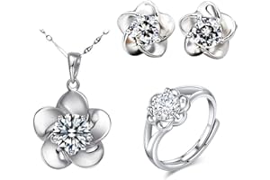 FDEETY Schmuckset Damen Silber, 925 Sterling Silber Anhänger Halskette Ring und Ohrringe Set Weißer Zirkonia Kristall Schmuckset Geschenke für Hochzeit Verlobung