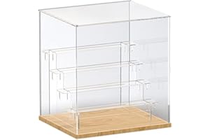 Nynelly 5 Tier Clear Acrylic Display Case for Models, Mini Figures, Pop Mart, Labubu, Sonny Angel, Smiski - Assemble Dustproof Display Box with Door, Display Stand (Wood Base,Clear Step)