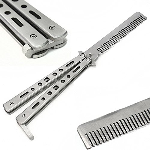 Cewaal Silber Edelstahl Metall Praxis Balisong Schmetterling Comb Knife Trainer Training Werkzeug - 3