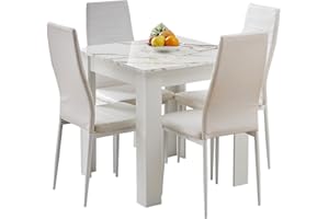 Rainbow Tree Modern 5 Piece Dining Room Table and Chairs Set, Wooden Square Table with 4 Chairs for Small Space Apartment Space Saving (White Marble Table+4 White PU Chair)