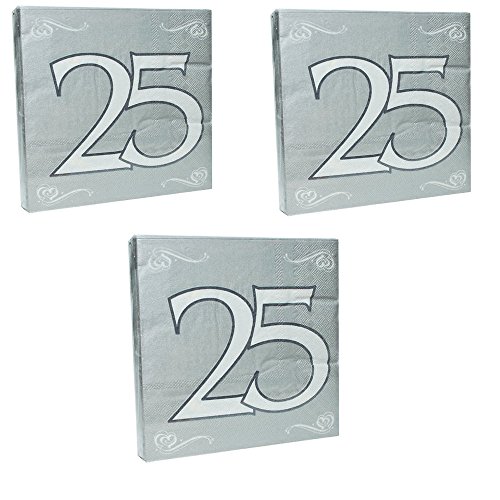 3er Pack Servietten 60 Stück Zahl 25 zur silbernen Hochzeit