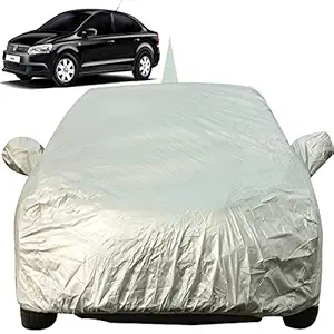 Autofact Car Body Cover for Volkswagen Vento with Mirror and Antenna Pocket (Light Weight, Triple Stitched, Heavy Buckle, Bottom Fully Elastic, Silver Matty )