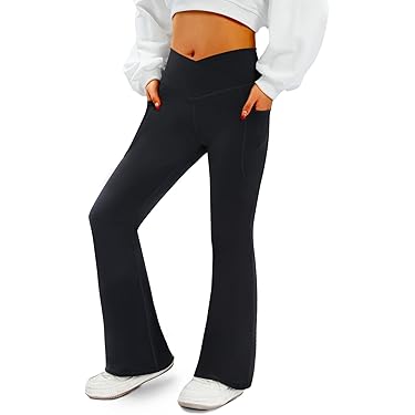 GRECERELLE Brede yogabroek voor dames, crossover hoge taille, joggingbroek, stoffen broek met zakken, elegante rechte broek, buikcontrole, slagbroek, sportbroek voor gym en sport, Kaki, S