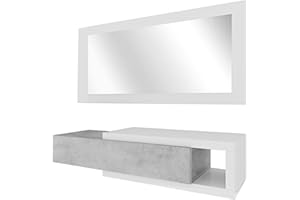 Bricozone Mobile da Ingresso con Cassetto Specchio e Mensola Sospeso per Casa Ufficio Bianco e Grigio Cemento 95 x 26 x 19 cm