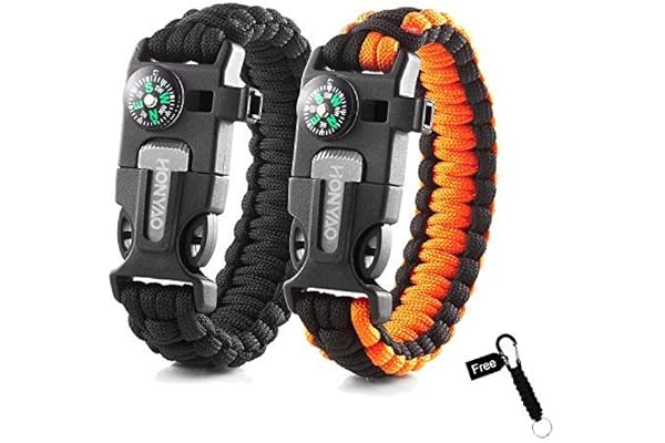 HONYAO Bracelets de Survie, Kits de Paracorde de Survie avec Boussole, Sifflet, Grattoir et Silex, Bracelet Multifonctions pour Randonnée Camping Urgence ou Autres Activités de Plein Air