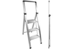 FACILITYS - Escabeau 3 Marches, Pliable en Aluminium, Ultra Compact 5,5 cm - Marche Pied Pliable, Léger 5,3 kg et Robuste, Charge 150 kg - Plateforme Antidérapante, 3ème Hauteur à 70 cm