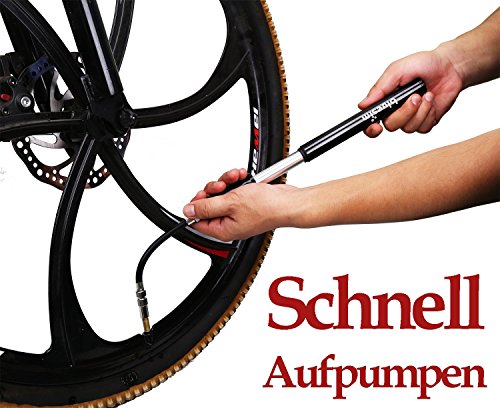 Bluesim Fahrradpumpe Minipumpe Luftpumpe Ballpumpe Standpumpe Mini-Fahrradpumpe mit Befestigungsklammer für Presta & Schrader Ventil hohen Druck 18 bar 260 psi für Fahrrad und Bälle - 5
