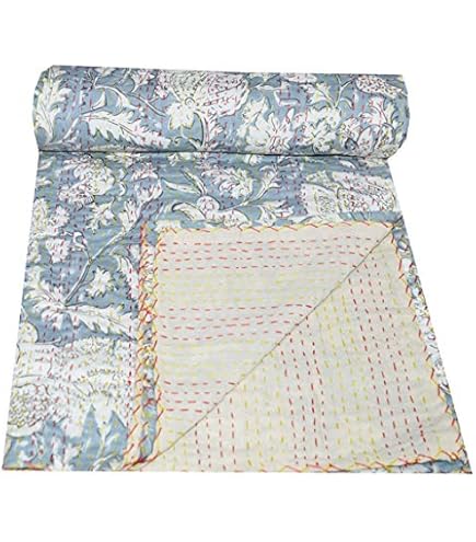 Copriletto Indiano Kantha Fatto A Mano | Cotone 100% | Ricamo Tradizionale Indaco | 200x150 Cm
