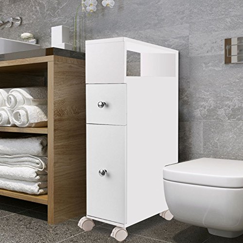 spécifications IDMarket - Meuble rangement WC sur roulettes 2 tiroirs blanc