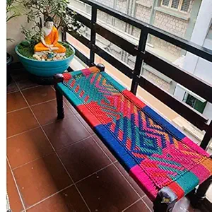 JAE Wooden Bench | Colorful Bench for Seating | Sheesham Wood | Cotton Rope | Sitting Bench for Balcony - Home - Garden | Charpai | Colorful