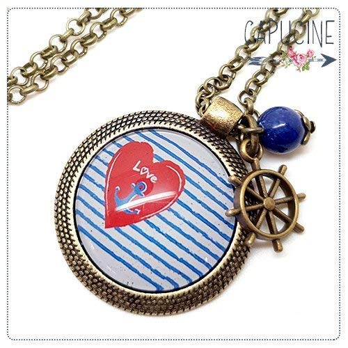 Sautoir Illustré Rayé avec Coeur et Ancre Marine Bleu, Blanc, Rouge en Métal Bronze avec Cabochon en Verre, Breloque et Perle en Jade