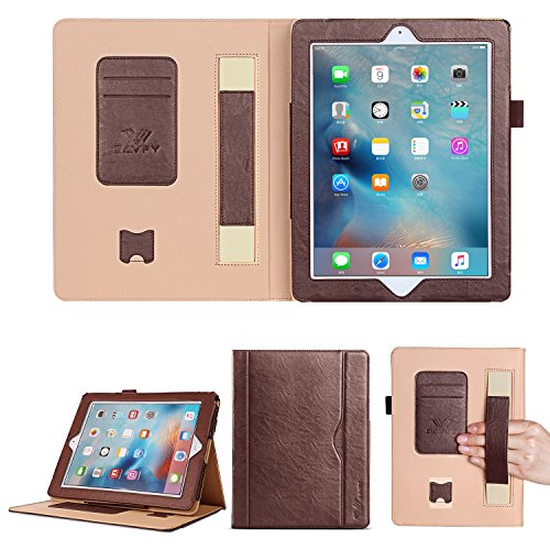 SAVFY iPad 2/3/4 Hülle Auto Sleep Wake up Funktion Business Serie Case Smart Cover mit Klettverschluss Handschlaufe, Kartensteckplätze braun - 7