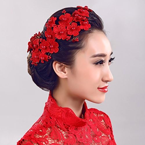 Flowers Wreath Red Flowers Pearl Handmade Hair Ornaments Bride Head Flower Wedding Headdress ( Color : Red )