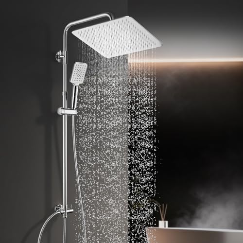 Görbach Colonna Doccia idromassaggio Doccia Soffione Colonna Set Doccia Senza Miscelatore con Doccia a Pioggia e Doccetta (30 * 30 Quadrato)