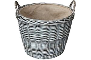 Red Hamper Medium Antique Wash Finish Wicker Lined Log Baskets, Brown, H25 x W33 x D33cm
