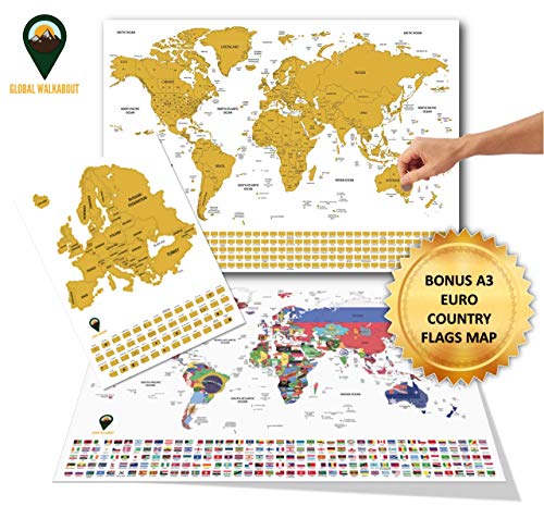 Global Walkabout A2 Scratch off World Map e Bonus A3 Mappa Europa con Bandiere Sfondo - Deluxe Grande Dimensione Viaggio Mappa del Mondo Poster - Paesi e Fatti - Travel Gift White