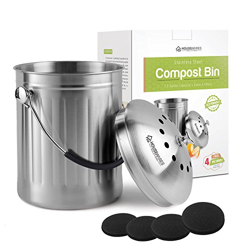 Housewares Solutions Acero inoxidable Compost Bin 1,3 L capacidad - incluye 4 filtros adicional de regalo