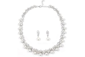 QKEPCY Perle Parure Gioielli per Donna Matrimonio Sposa Collana e Orecchini Set con Zirconi Strass Set di Gioielli di Perle Cristallo Set Regalo Damigella Festa Regali