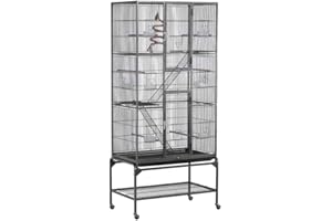 Abician Grande Cage à Oiseaux à 3 Niveaux avec 2 échelles en métal Volière Extérieur avec Pied sur Roulette 81 x 46,5 x 175,5 cm Noir