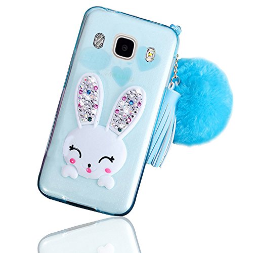Preisvergleich Produktbild Sunroyal Lovely Ultra Thin Faltbare Cartoon Funny Smile Bunny Glitzer Bling Diamant Rabbit Ear Schutzhülle Transparent Bumper Zurück Zubehör Set Silikon Gel Hülle Rückseite für Samsung Galaxy J5 2016 mit Standfunktion Schale Handy Tasche Case, Blue Blau Muster Design Hülle Handy Cover Etui