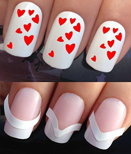 VALENTINES DAY WATER NAIL TRANSFERS DECALS STICKERS ART SET #296 &amp; 172. **plus x48 nail tip guides!!** x24 MINI LOVE HEARTS CLUSTERS WEDDING TATTOO WRAPS &amp; x48 FRENCH MANICURE TIP GUIDES! CAN BE USED WITH NATURAL GEL ACRYLIC STICK ON NAILS! OR WITH GLITTER DUST CAVIAR BEADS ALLOYS DECORATIONS CONFETTI FIMO SHAPES TAPE PENS RHINESTONES!