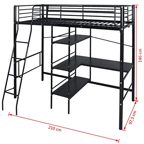 Festnight Lit Mezzanine à Hauteur avec Grand Bureau en métal 200 x 90 x 186 cm