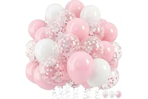 OHugs Pink Balloons - 50 Pcs Set of 30 Pink, 10 White, 10 Pinky and White Confetti Balloons, 2 Ribbon for Bridal Shower, Baby Shower, Birthday Party, Gender Reveal, Wedding Decorations