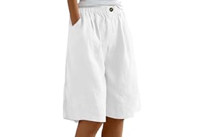 HOOUDO Womens Summer Cotton Linen Shorts Elastic Waist Knee Length Bermuda Shorts Loose Casual Hot Pants Wide Leg Beach Trousers Shorts with Pockets