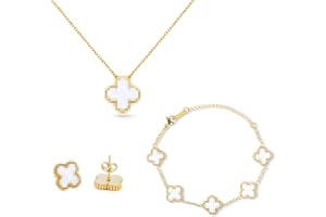 SUEHBEXF Vierblättriges Kleeblatt Schmuck Set, 18 Karat Vergoldet Edelstahl Zweiseitig Vierblättriges Schmuck, Geschenke für Damen und Mädchen