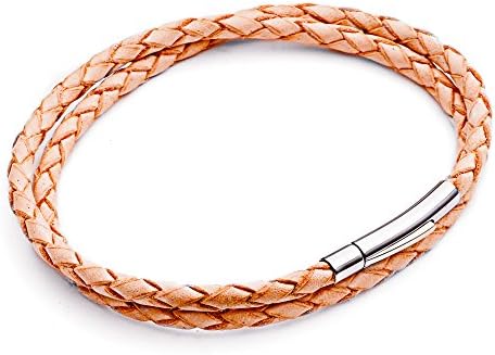 Unisex Leather Thin Natural Double Wrap Around Real Leather Bracelet, Secure Slimline Clasp. Unisex 19cm, by Tribal Steel