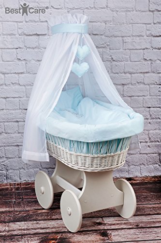 Preisvergleich Produktbild BestCare® - Hochwertiger Stubenwagen, Bollerwagen - 11-teilige Komplettausstattung mit 7cm dicker Matratze mit Aloe Vera Bezug, Modell:Blau - große Räder