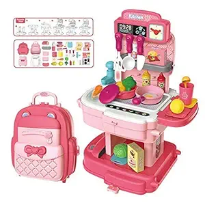 AK Empire Kids Play 2 in 1 School Bag Turn into Kitchen Set Toy for Kids with Light and Accessories Portable Musical Suitcase for Girls Kitchen Play Set (Multi_ 34 pcs)