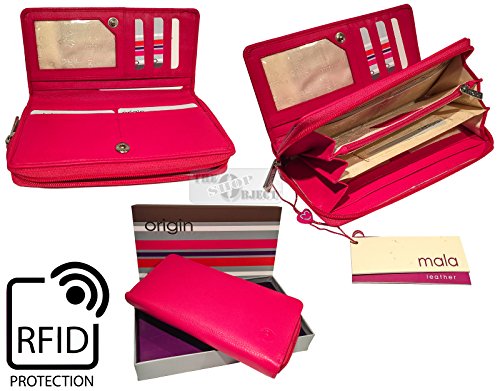 Mala Leather RFID Ladies Purse | Real Leather Zip Around Wallet With Coin Section, Pink