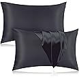 Veaken Silk Pillowcase for Hair and Skin, 2 Pack 100% Mulberry Silk Pillowcase 25 Momme, 600 Thread Count, Both Side Pure Silk Pillow Cover with Hidden Zipper (BlackGray, King 20''×36'')