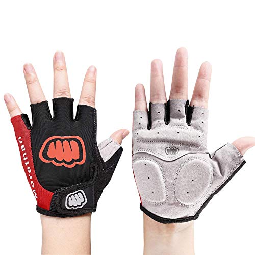 Morethan Guantes de Ciclismo Almohadilla de Gel Medio Dedo Transpirable Skip-Proof, Abrasión Prueba, Absorber Golpes, Reducir Entumecimiento para Hombres Mujer (Red,XL)