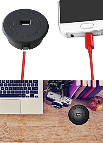 Induktion Einbau Ladegerät und starkem 2,1A USB Ladeausgang für alle Möbel mit Kabeldurchführungen von 60mm zum Laden für alle Mobilen Geräte die über USB geladen werden und Qi kompatiblen Geräte - 5