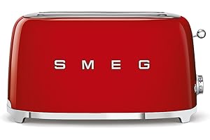 Smeg, Grille-pain 4 Tranches TSF02RDEU, 2 Fentes 36 mm, 6 Niveaux de Brunissage, Fonction Chauffage, Décongélation et Bagel, Éjection Automatique du Pain, Ramasse Miettes, 1500 W, Rouge