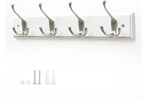 Flatro Coat Hooks Wall-Mounted | White Bamboo Coat Rack with 4 Triple Zinc Alloy Hooks to Hang Hats, Jackets, Bags, Keys, Towels | Best Suited for Home Entrance, Bedrooms, Bathroom | Fixings Included